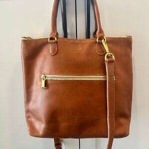 Sseko Classic Tan Leather Tote Bag with Gold Hardware